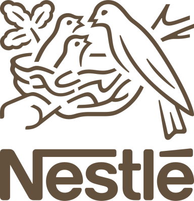 Nestlé-Logo mit drei Vögeln im Nest und einem Blatt.